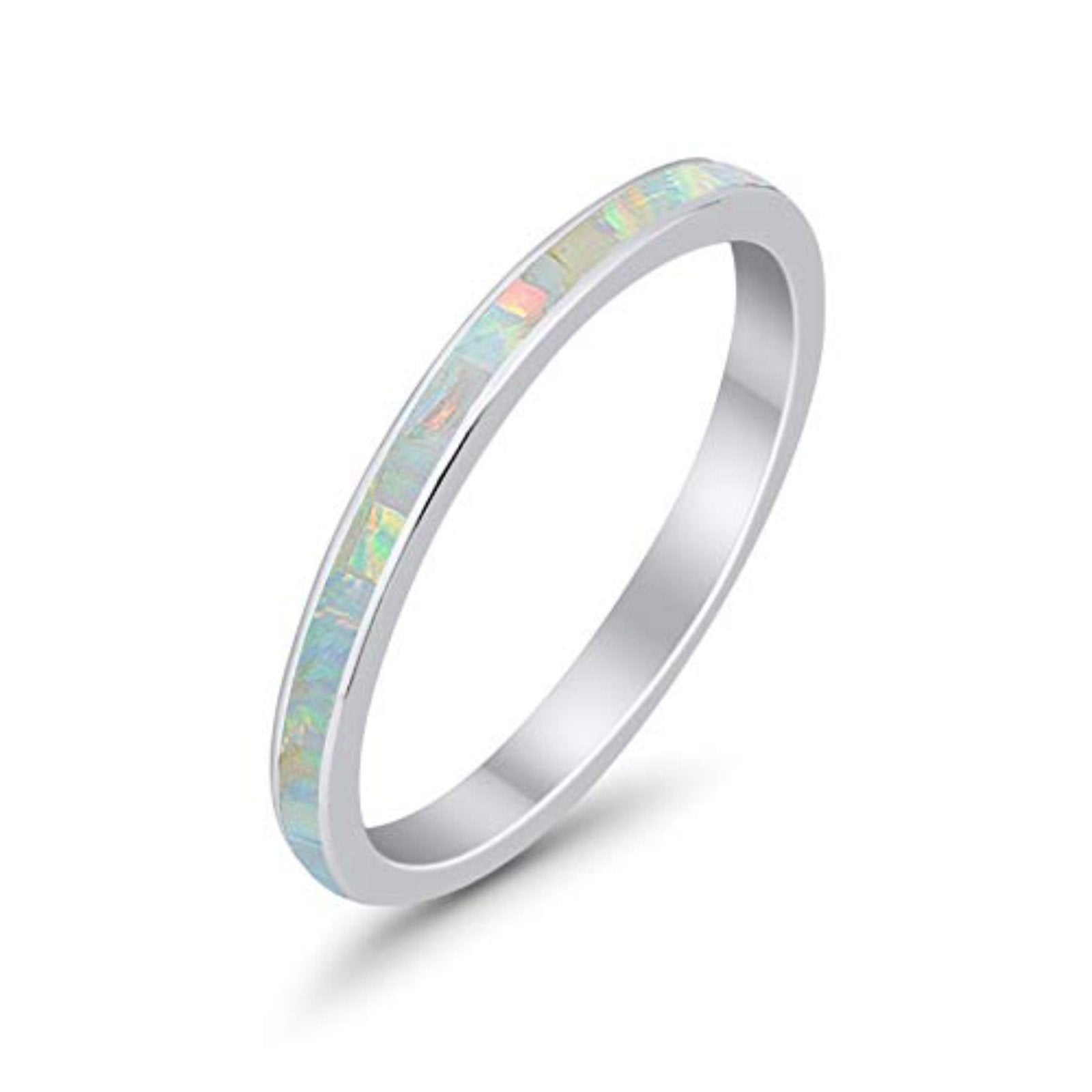 Full Eternity Stackable Band Ring Lab Created White Opal 925 Sterling Silver