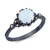 Art Deco Fashion Ring Round Black Tone, Lab Created White Opal 925 Sterling Silver