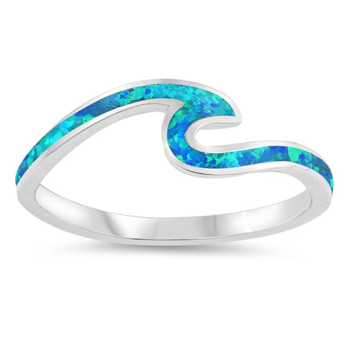 Small Wave Ring Petite Dainty Created Blue Opal 925 Sterling Silver