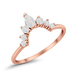 Curved Band Thumb Ring Pear Rose Tone, Lab Created White Opal Round 925 Sterling Silver