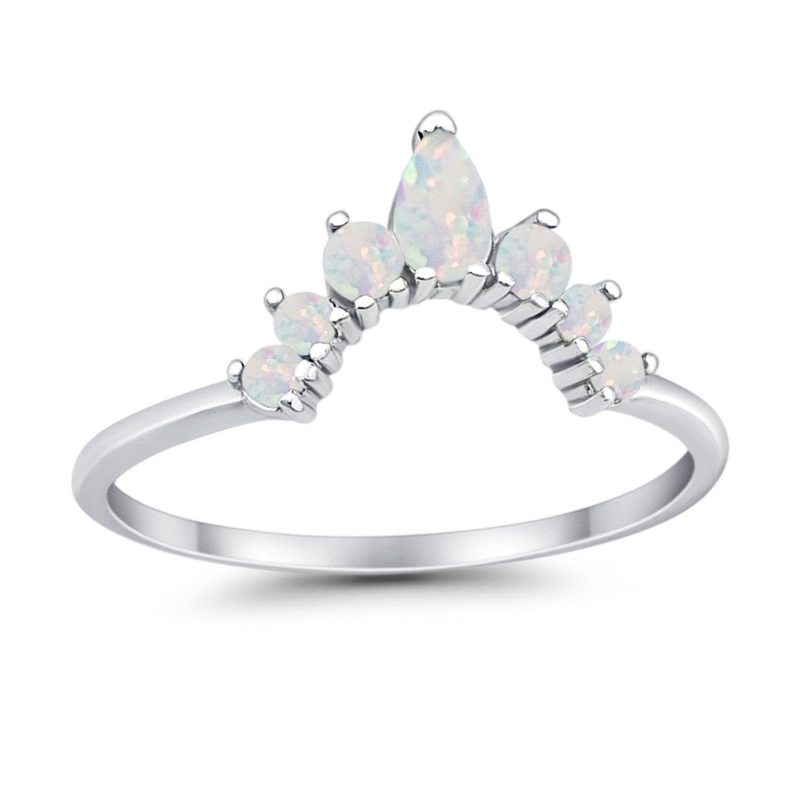 .925 Sterling Silver Opal & Diamond Round Ring – Size 7 – Solitaire With Accents (Elizabeth Jewelry)