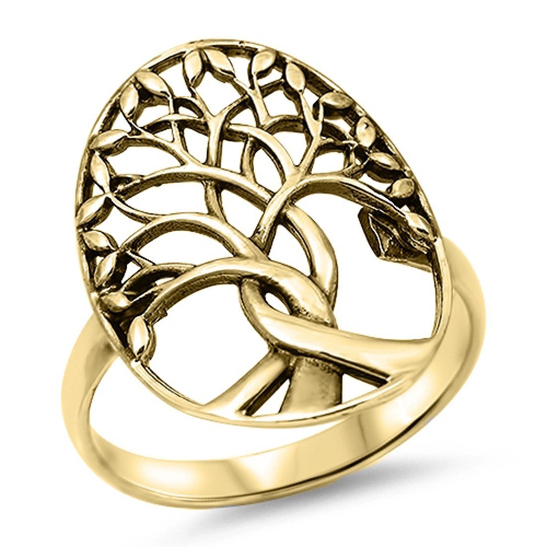 Tree of Life Simple Plain Ring Yellow Gold Tone Solid 925 Sterling Silver