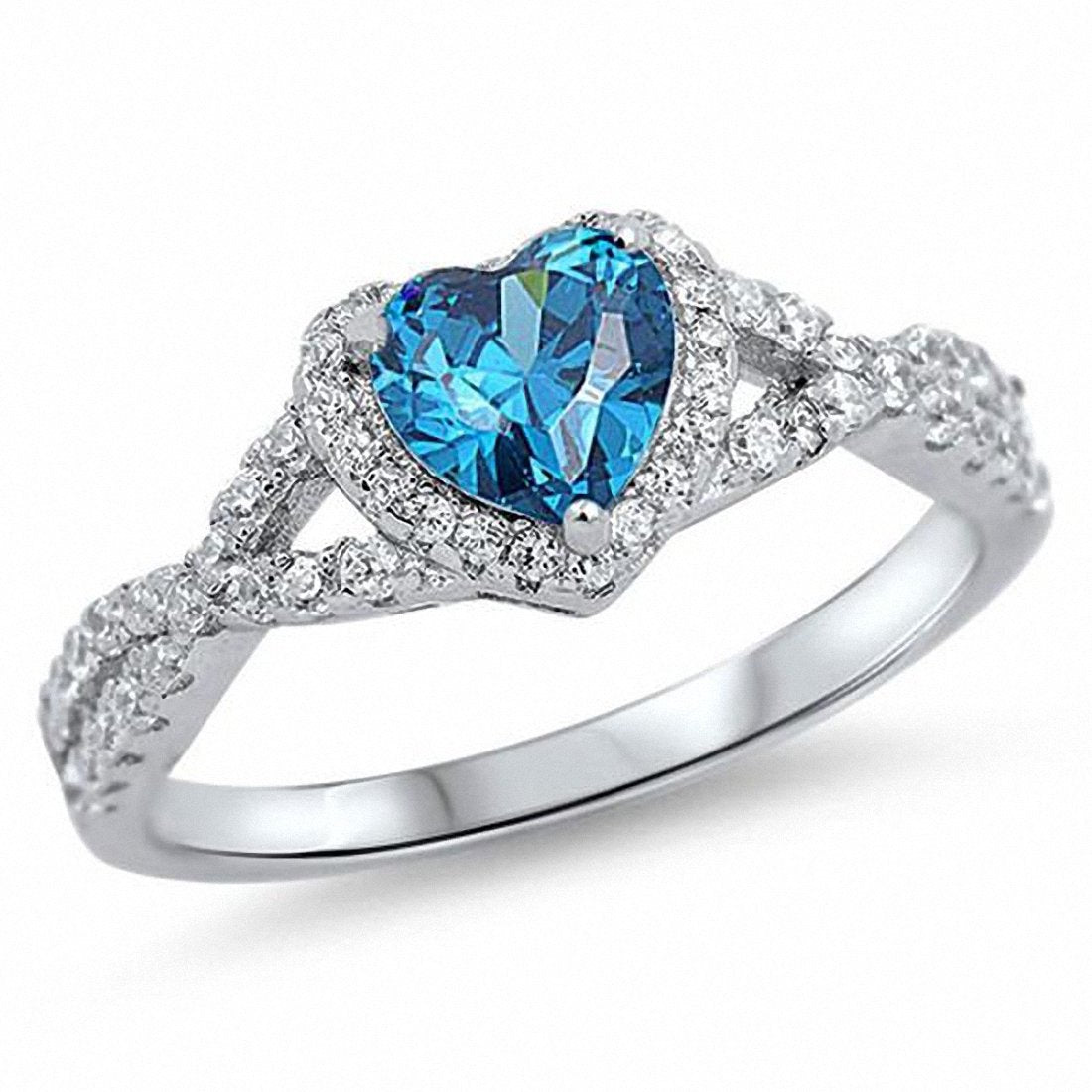 Halo Infinity Shank Heart Ring Round Simulated Blue Topaz CZ 925 Sterling Silver