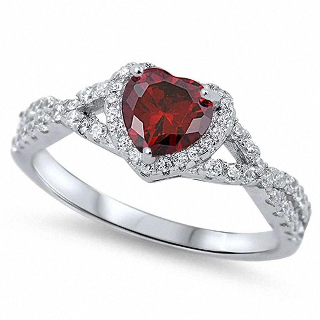 Halo Infinity Shank Heart Ring Round Simulated Garnet CZ 925 Sterling Silver