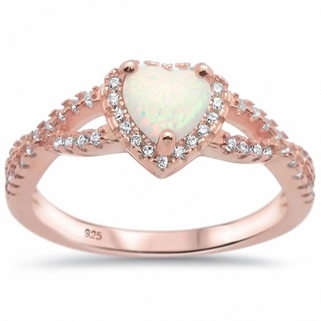 Halo Infinity Shank Heart Ring Rose Tone, Lab Created White Opal 925 Sterling Silver