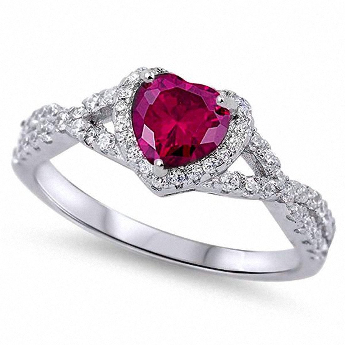 Halo Infinity Shank Heart Ring Round Simulated Ruby CZ 925 Sterling Silver