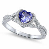 Halo Infinity Shank Heart Ring Round Simulated Tanzanite CZ 925 Sterling Silver