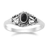 Swirl Design Oval Simulated Black Onyx Cubic Zirconia Wedding Ring 925 Sterling Silver