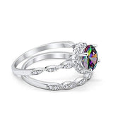 Two Piece Halo Wedding Ring Round Simulated Rainbow Topaz 925 Sterling Silver