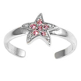 Silver Toe Ring Star Simulated Pink CZ Adjustable Band 925 Sterling Silver (7mm)