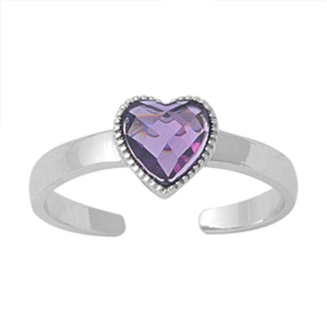 Heart Silver Toe Ring Simulated Amethyst CZ 925 Sterling Silver (6mm)