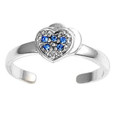 Heart Silver Toe Ring Simulated Blue Sapphire CZ Adjustable Band 925 Sterling Silver (7mm)