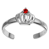 Crown Toe Ring Simulated Ruby CZ Adjustable Band 925 Sterling Silver (6mm)