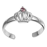 Crown Toe Ring Simulated Pink CZ Adjustable Band 925 Sterling Silver (6mm)