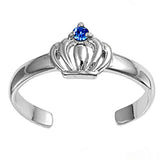 Crown Toe Ring Simulated Blue Sapphire CZ Adjustable Band 925 Sterling Silver (6mm)