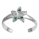 Flower Toe Ring Simulated Emerald CZ Adjustable 925 Sterling Silver (8mm)