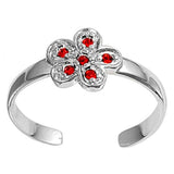 Silver Toe Ring Plumeria Simulated Ruby CZ Adjustable 925 Sterling Silver (7mm)