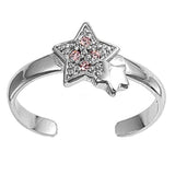 Silver Toe Ring Star Simulated Pink CZ Adjustable 925 Sterling Silver (8mm)