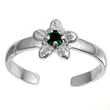 Flower Toe Ring Simulated Emerald CZ Adjustable 925 Sterling Silver (7mm)