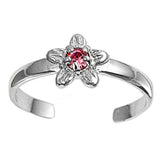 Flower Toe Ring Simulated Pink CZ Adjustable 925 Sterling Silver (7mm)