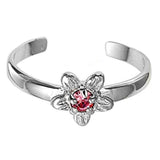Flower Toe Ring Simulated Pink CZ Adjustable 925 Sterling Silver (7mm)