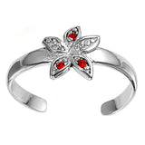Flower Toe Ring Simulated Ruby CZ Adjustable 925 Sterling Silver (8mm)