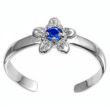 Flower Toe Ring Simulated Blue Sapphire CZ Adjustable 925 Sterling Silver (7mm)