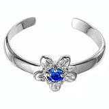 Flower Toe Ring Simulated Blue Sapphire CZ Adjustable 925 Sterling Silver (7mm)