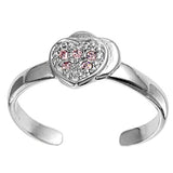 Heart Silver Toe Ring Simulated Pink CZ Adjustable Band 925 Sterling Silver (7mm)