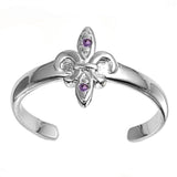 Fleur De Lise Silver Toe Ring Simulated Amethyst CZ Band 925 Sterling Silver (9mm)