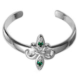 Fleur De Lise Silver Toe Ring Simulated Emerald CZ Band 925 Sterling Silver (9mm)