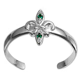Fleur De Lise Silver Toe Ring Simulated Emerald CZ Band 925 Sterling Silver (9mm)