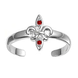 Fleur De Lise Silver Toe Ring Simulated Garnet CZ Band 925 Sterling Silver (9mm)