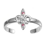 Fleur De Lise Silver Toe Ring Simulated Pink CZ Band 925 Sterling Silver (9mm)