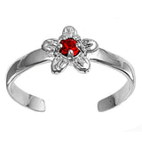 Flower Toe Ring Simulated Ruby CZ Adjustable 925 Sterling Silver (7mm)