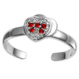 Heart Silver Toe Ring Simulated Ruby CZ Adjustable Band 925 Sterling Silver (7mm)