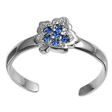 Leaf Toe Ring Simulated Blue Sapphire CZ Adjustable 925 Sterling Silver (6mm)