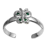 Silver Toe Ring Butterfly Simulated Emerald CZ Adjustable 925 Sterling Silver (7mm)