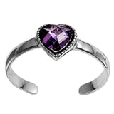 Silver Toe Ring Heart Simulated Amethyst CZ Adjustable 925 Sterling Silver (6mm)