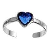 Silver Toe Ring Heart Simulated Blue Sapphire CZ Adjustable 925 Sterling Silver (6mm)