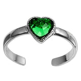 Silver Toe Ring Heart Simulated Green Emerald CZ Adjustable 925 Sterling Silver (6mm)