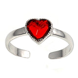 Silver Toe Ring Heart Simulated Garnet CZ Adjustable 925 Sterling Silver (6mm)