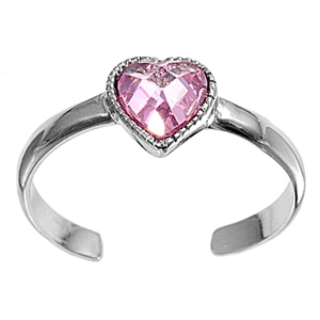 Silver Toe Ring Heart Simulated Pink CZ Adjustable 925 Sterling Silver (6mm)