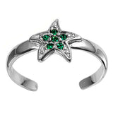 Silver Toe Ring Star Simulated Emerald CZ Adjustable Band 925 Sterling Silver (8mm)
