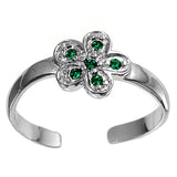 Silver Toe Ring Plumeria Simulated Emerald CZ Adjustable 925 Sterling Silver (7mm)