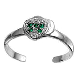 Heart Silver Toe Ring Simulated Emerald CZ Adjustable Band 925 Sterling Silver (7mm)