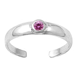 Silver Toe Ring Adjustable Band Simulated Pink CZ 925 Sterling Silver (4mm)