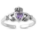 Claddagh Adjustable Silver Toe Ring Band Simulated Amethyst CZ 925 Sterling Silver (7mm)