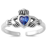 Claddagh Adjustable Silver Toe Ring Band Simulated Blue Sapphire CZ 925 Sterling Silver (7mm)