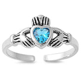 Claddagh Adjustable Silver Toe Ring Band Simulated Blue Topaz CZ 925 Sterling Silver (7mm)
